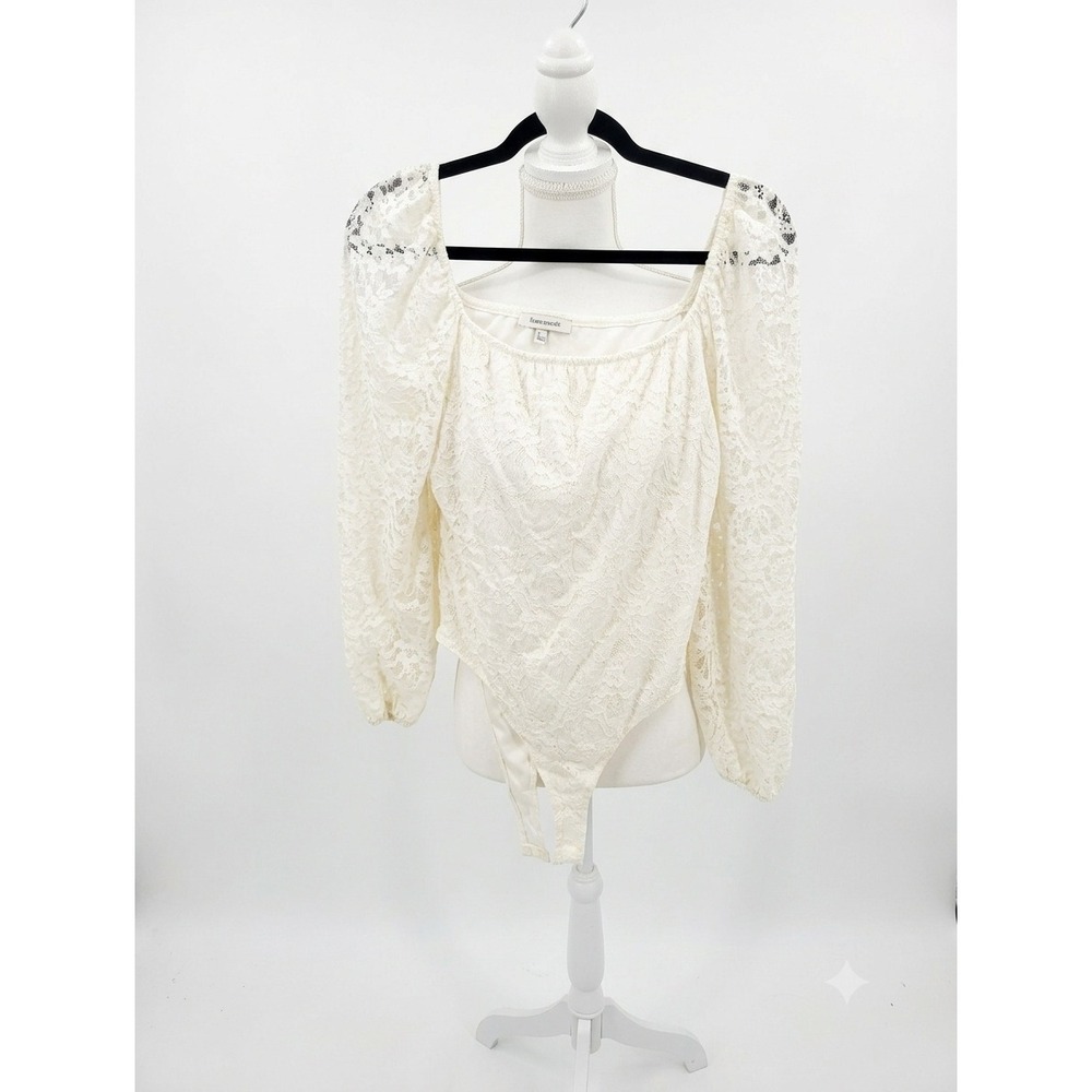 Francesca's Ivory Lace Square Neck Puff Sleeve Bodysuit 11CR853ZED Size L